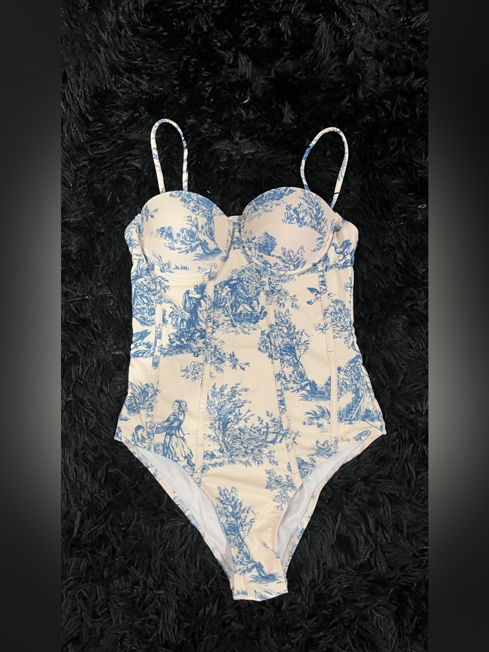 Blue Toile Print Tow-Pieces Women Swim Suit - Classic Blue Size XS